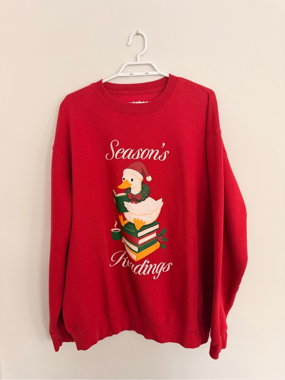 Indigo Red Crewneck Sweater with Festive Duck & Books